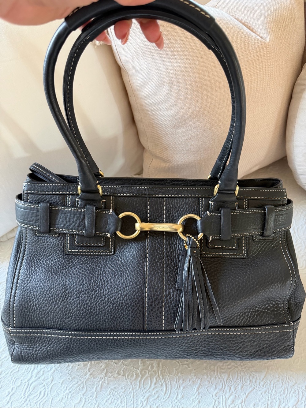 Coach Black Leather Tassel Shoulder Bag with Gold Hardware